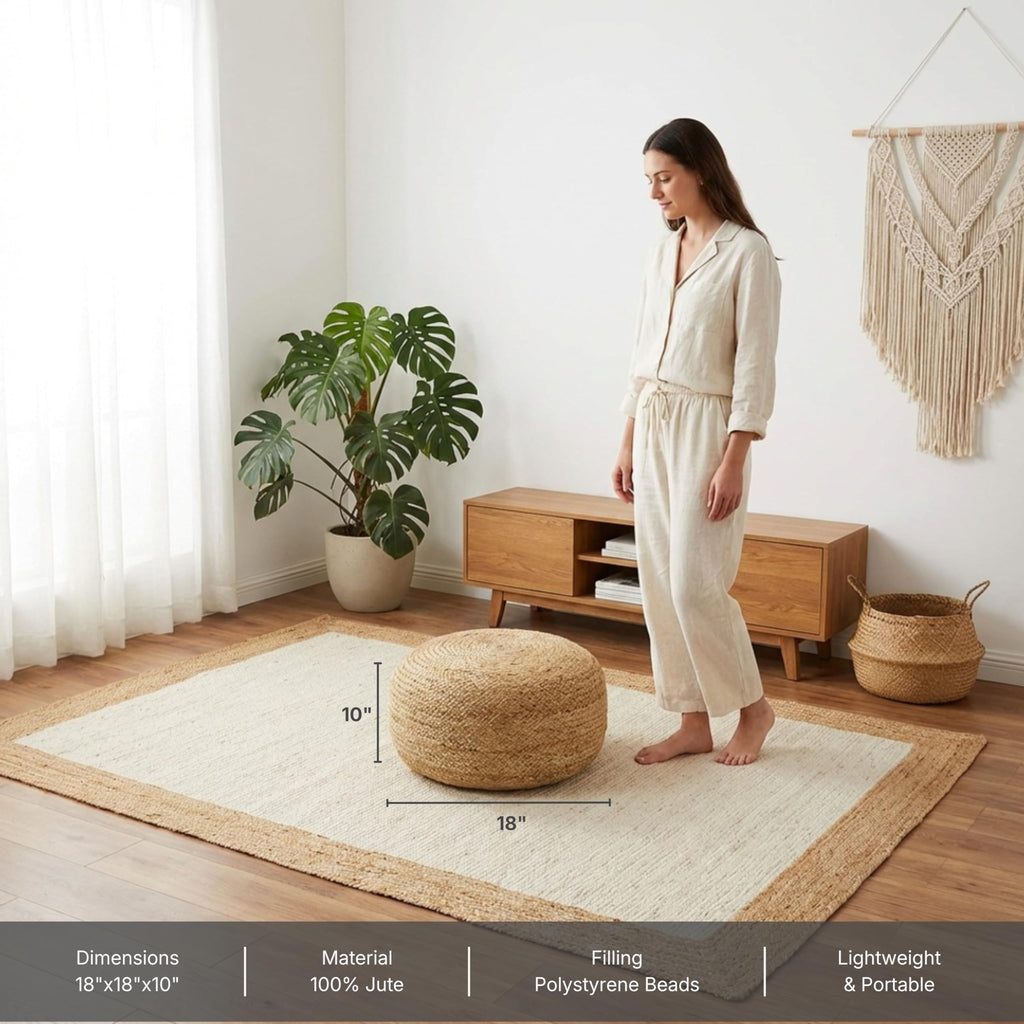 Jute Circular Low Pouf - Pouffe Foot Stool - Natural, Set of 2