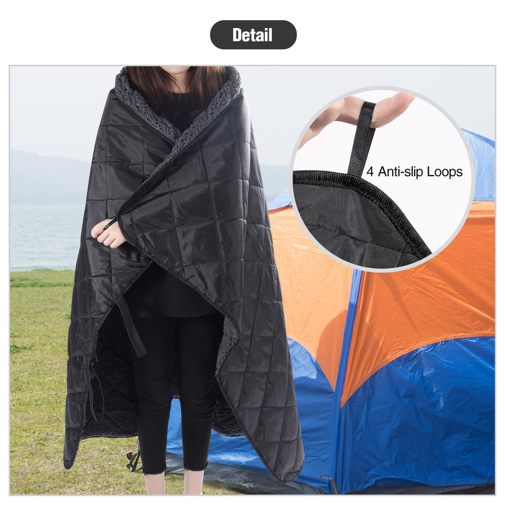Large Camping Blanket with Sherpa Lining, Black 59"x50"