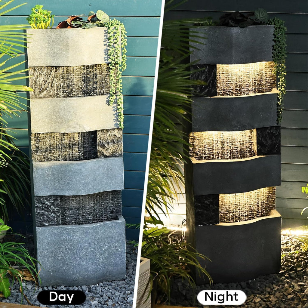40.5" H Modern Outdoor Water Fountain with LED Lights - Tall Garden Waterfall Fountain