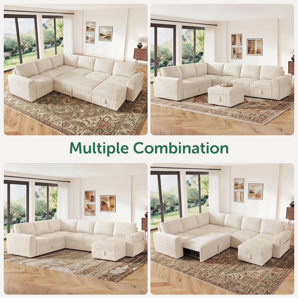 Corduroy U Shaped Sectional Sleeper Sofa with Pull Out Bed, Beige