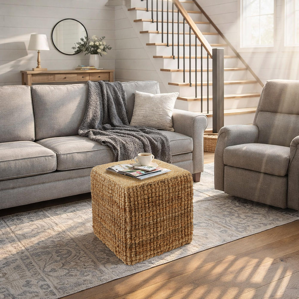 Handwoven Pouf Ottoman, 18" W x 18" D x 18" H Square Footrest, Woven Seagrass Ottoman, Decorative Indoor Boho Home