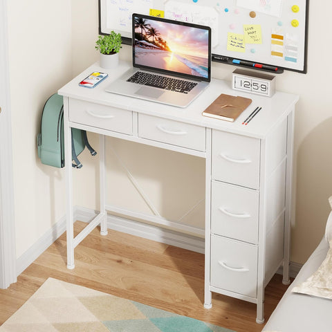 Small Desk with 5 Fabric Drawers, 33 Inch Writing Desk, Simple PC Desks for Small Place