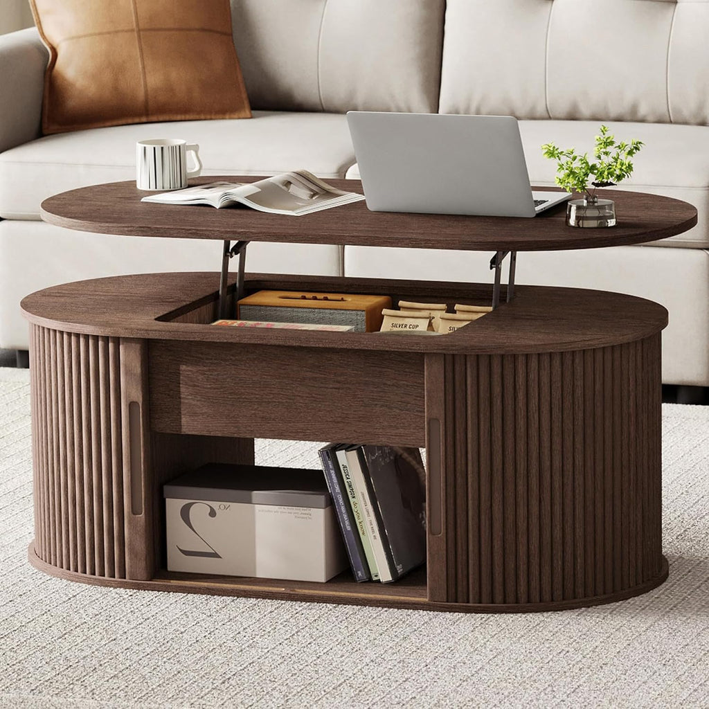 Lift Top Coffee Table, Oval Fluted Coffee Table with Storage