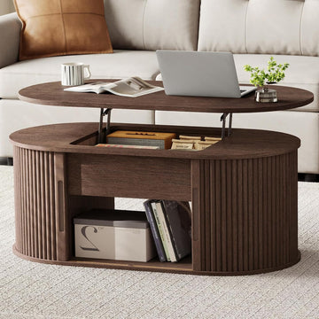 Lift Top Coffee Table, Oval Fluted Coffee Table with Storage