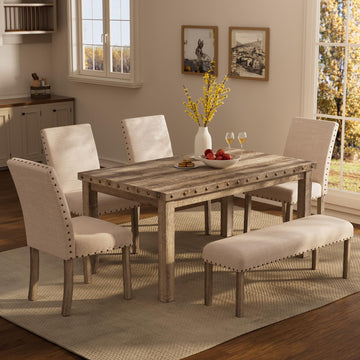 Dining Table Set for 6, Farmhouse Wooden Table & Upholstered Bench & 4 Dining Chairs, Kitchen Dining Set with