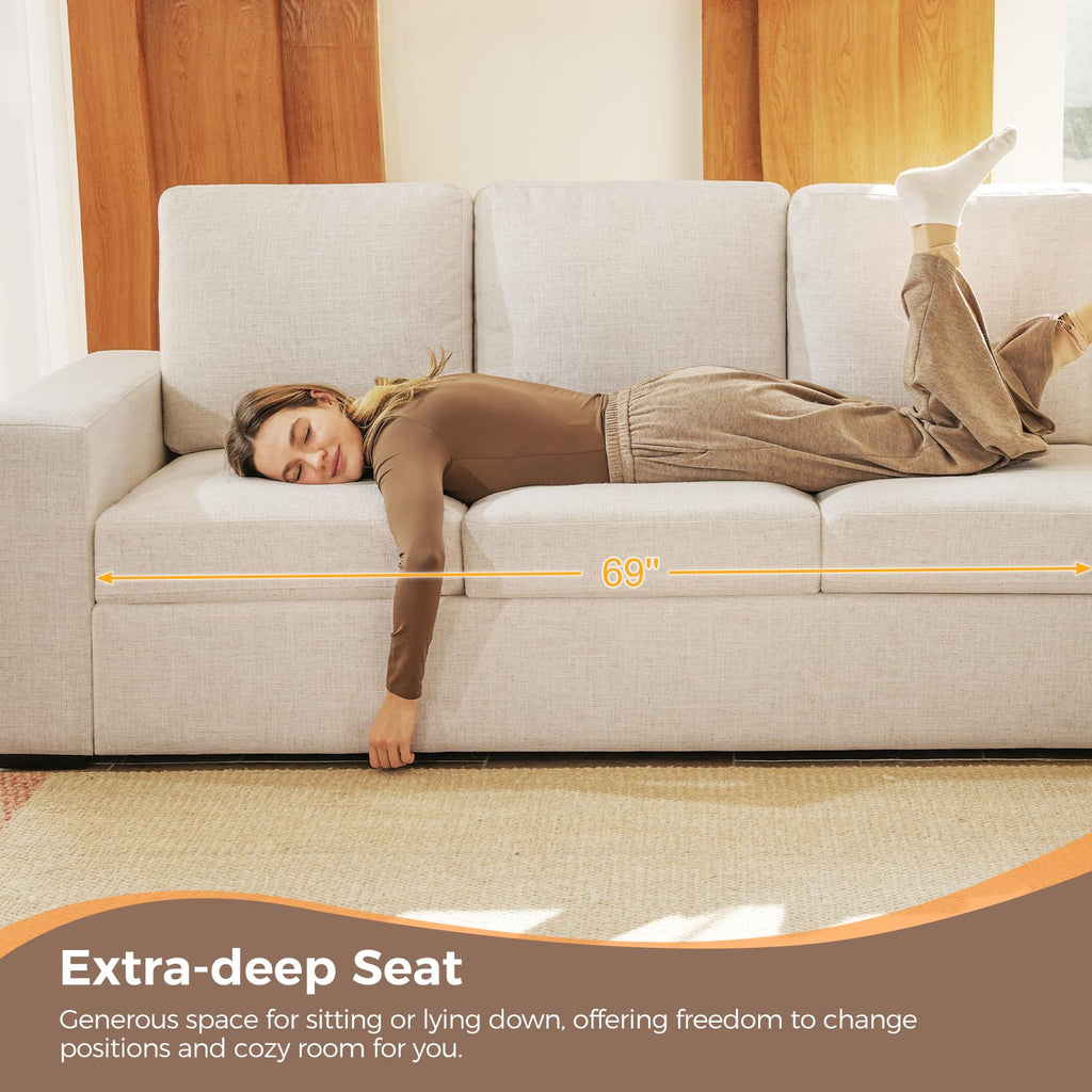85" Modern Couches, Natural Linen 3 Seat Sofa, Comfy Deep Seat Sofa, Spring Cushions, Removable Cover, Solid Wood