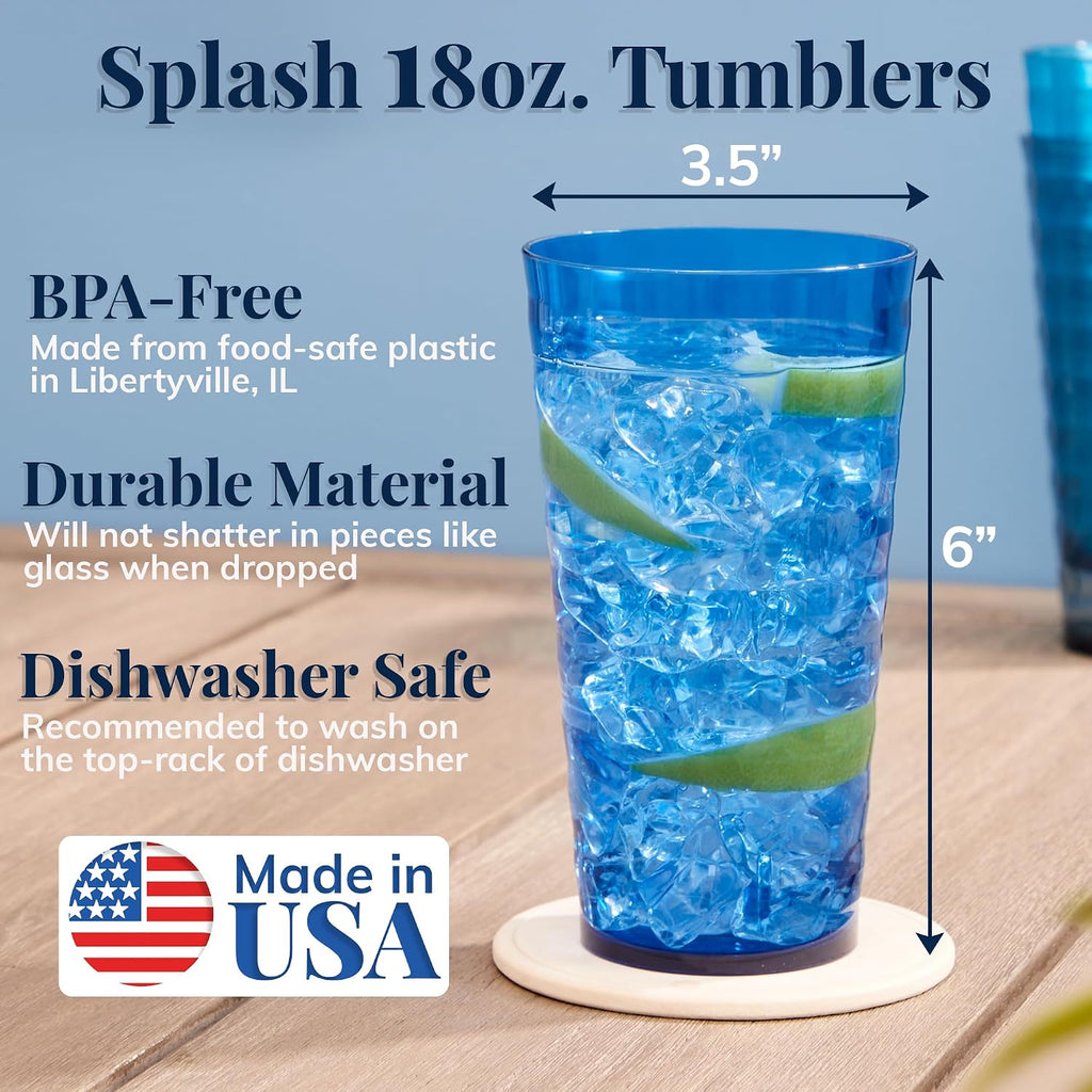 Splash [Set of 16] 18 ounce Plastic Stackable Water Tumblers in 4 Coastal Colors Value Set of Drinking Cups