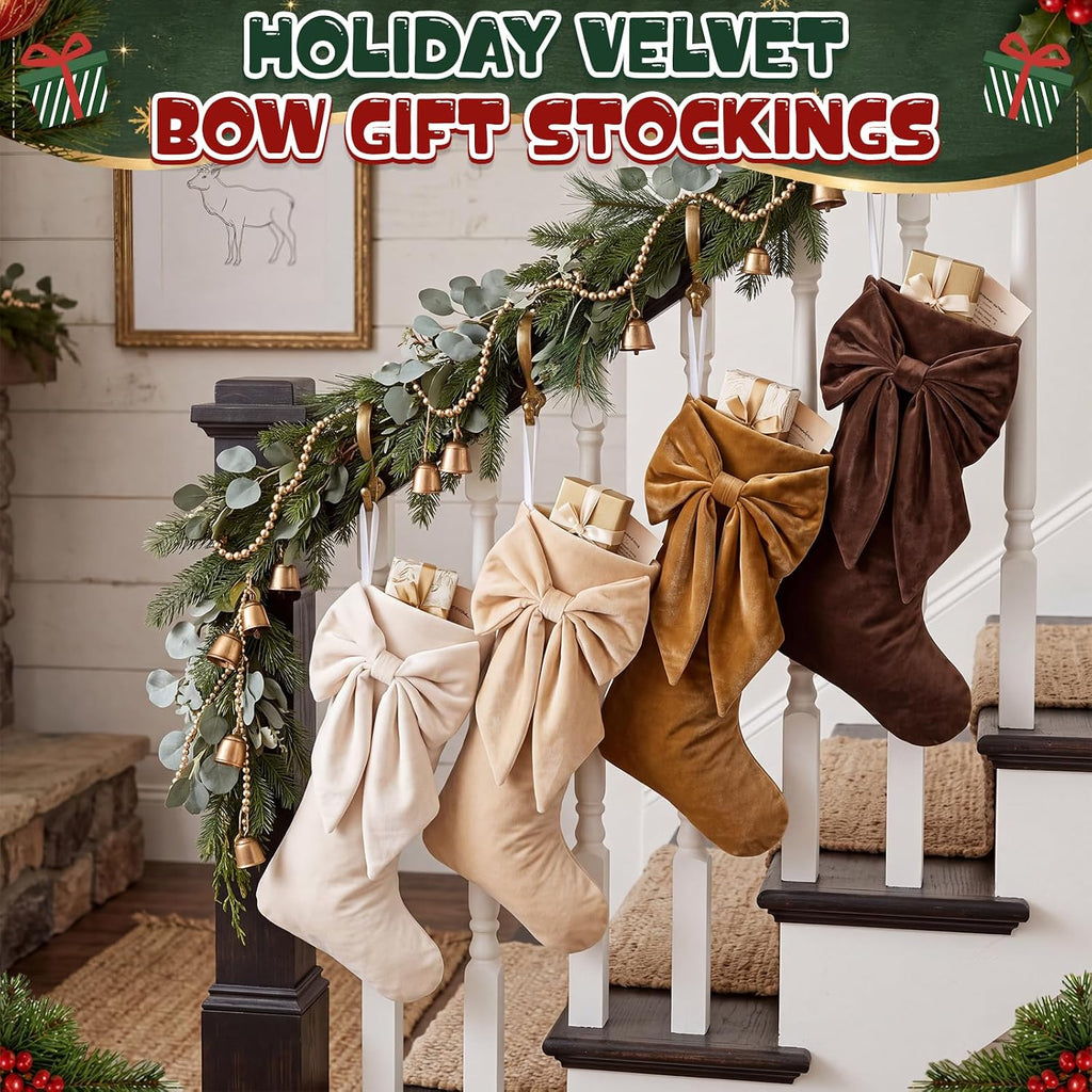 4 Pack Brown Series Velvet Christmas Bow Stockings 18" Coquette
