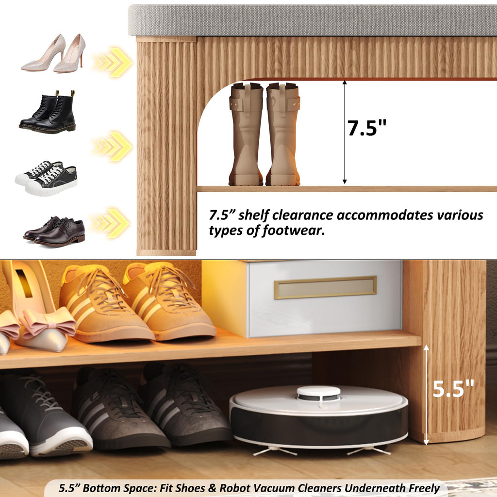 40.2" Fluted Storage Bench with Built-in LED Light, Flip-Top Shoe Bench with Cushioned Seat and Open Storage