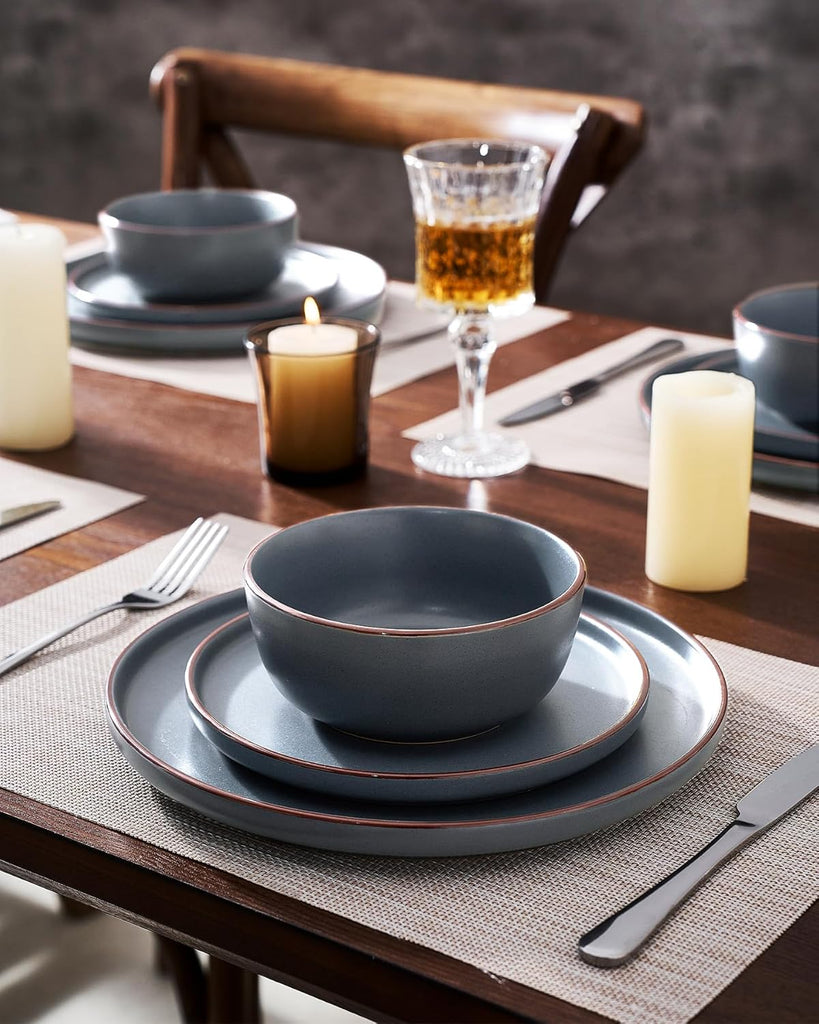 Mercury Plates and Bowls Sets, 12 Pieces Stoneware Dinnerware Sets, Dishes Set for 4, Microwave and Dishwasher Safe