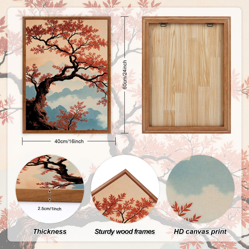Large Boho Mountain Sunset Framed Canvas Wall Art Set of 3(16"X24")Pine Tree Red Flowers Wall Decor, Chinese Style