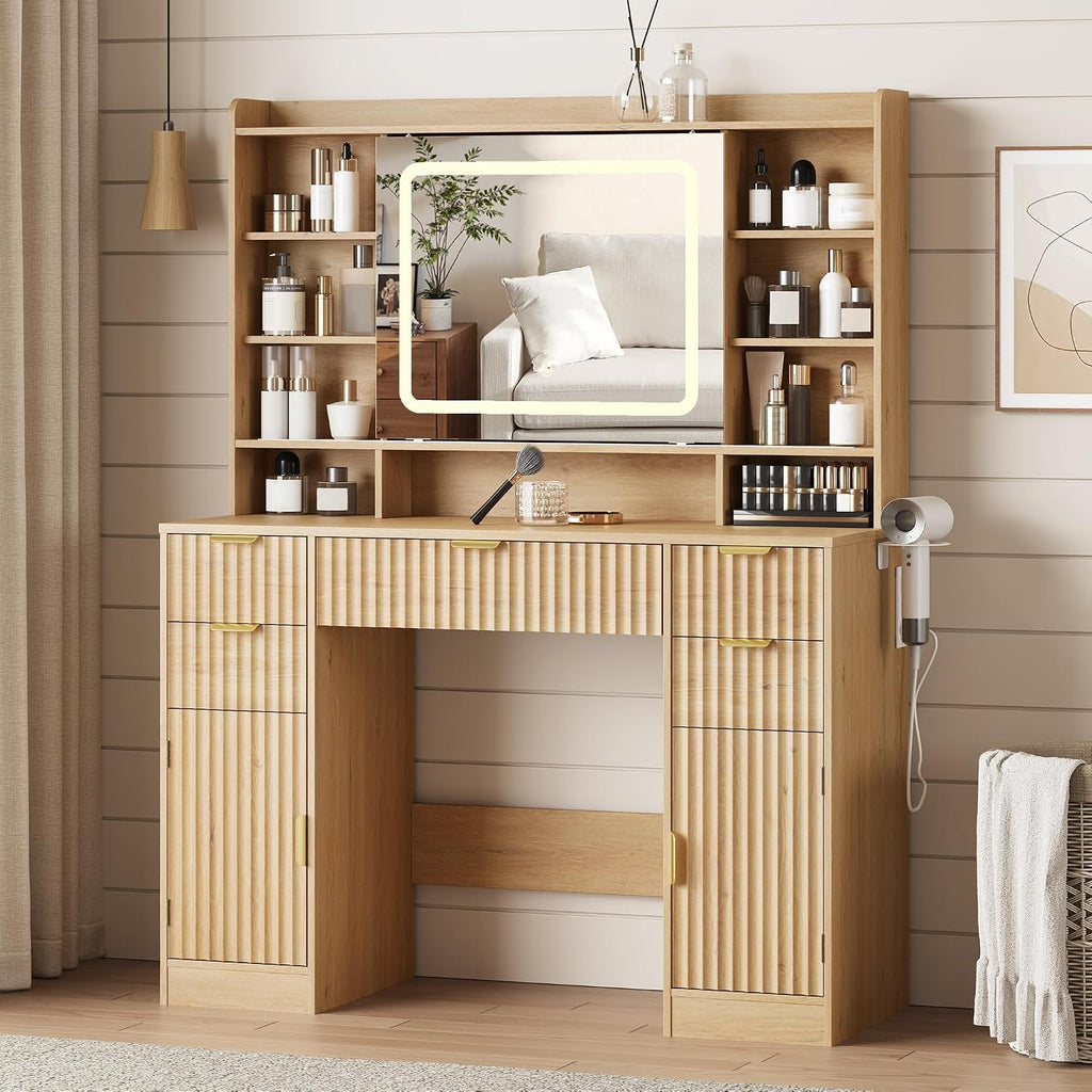 Makeup Vanity Desk with Mirror, Fluted Vanity with 5 Drawers and 2 Cabinets & Open Shelves and Power Outlet & Sliding