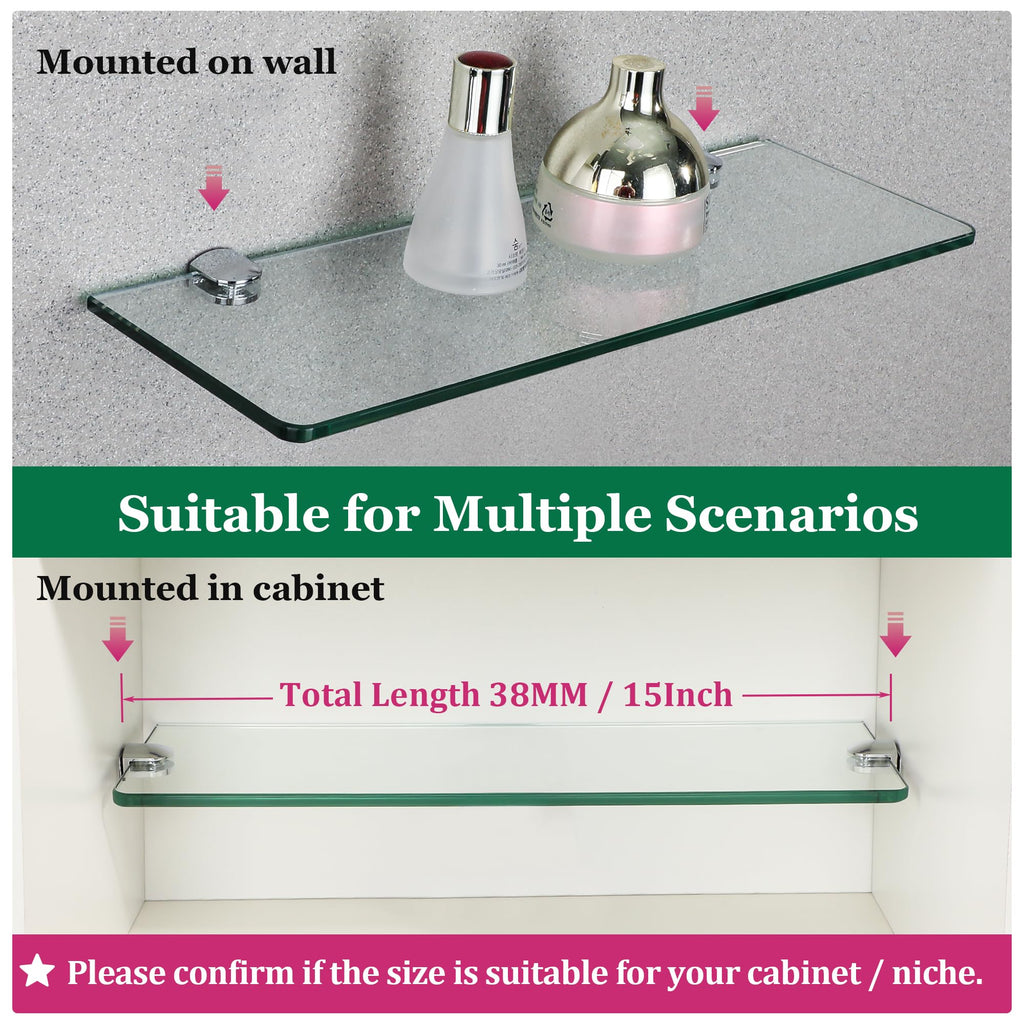 Floating Glass Shelves, Tempered Glass Shelf for Wall 15 x 5 Inch 2 Pack, Clear