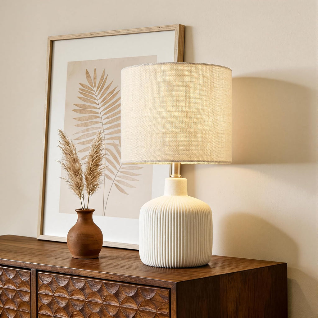 Ceramic Table Lamp, 17.75" Rustic Farmhouse Bedside Lamp with Beige Linen Shade