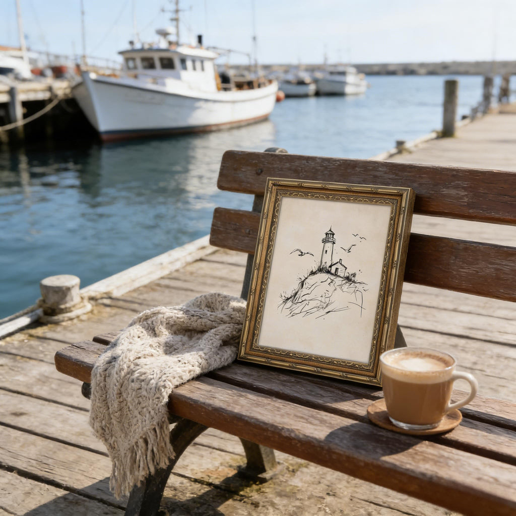 Gold Framed Wall Art, Vintage Coastal Lighthouse Sketch Canvas Prints - Rustic Nautical Summer Beach Pictures