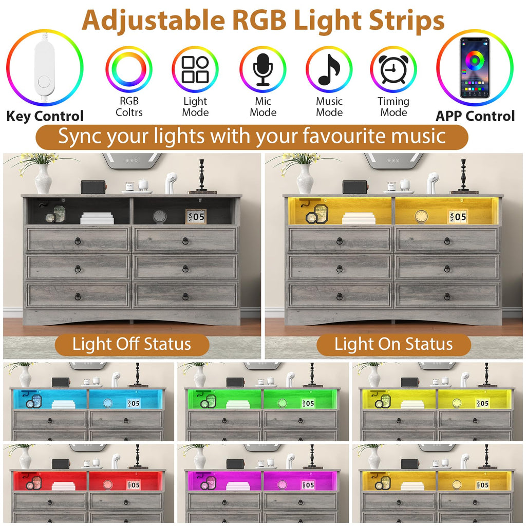Grey 6 Drawer Dresser with LED Lights and Charging Station, Wood 6 Chest Drawers, Large Storage for Clothes, Taupe