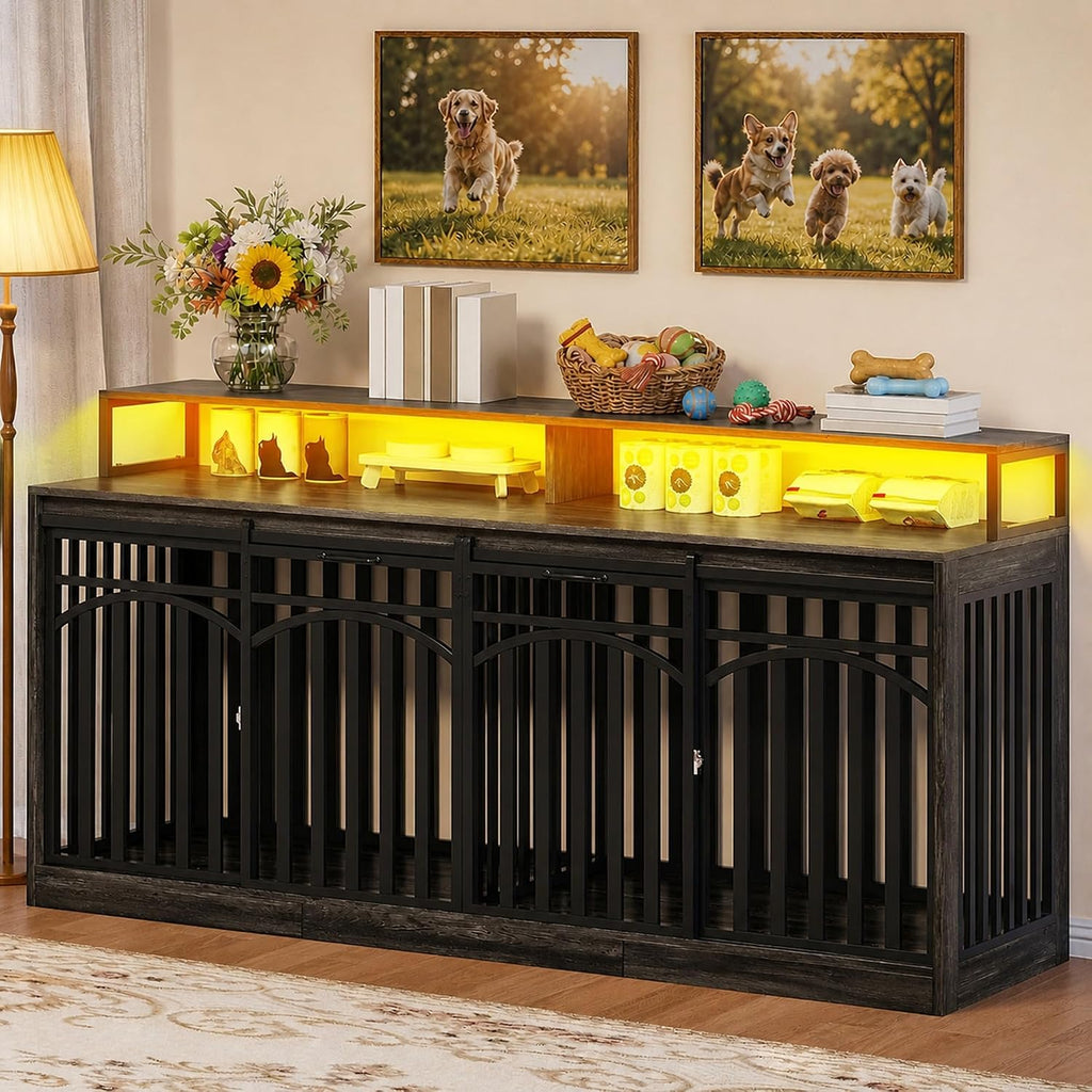 Double Dog Crate Furniture with Power Outlets & LED Light