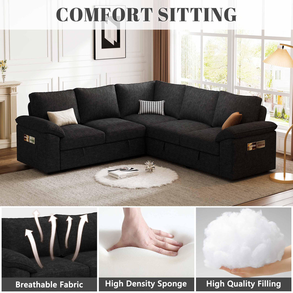 85'' Modular Sectional Sofa with Pull Out Bed, Sleeper Sofa, Black