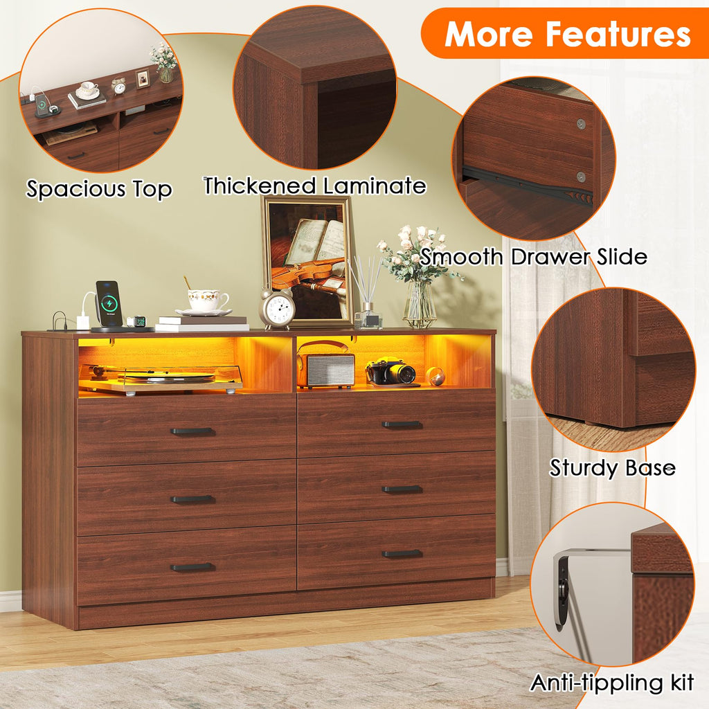 Dresser, 6 Drawer Dresser with Charging Station and Led Light, Modern Chest of Drawers (Walnut Brown)