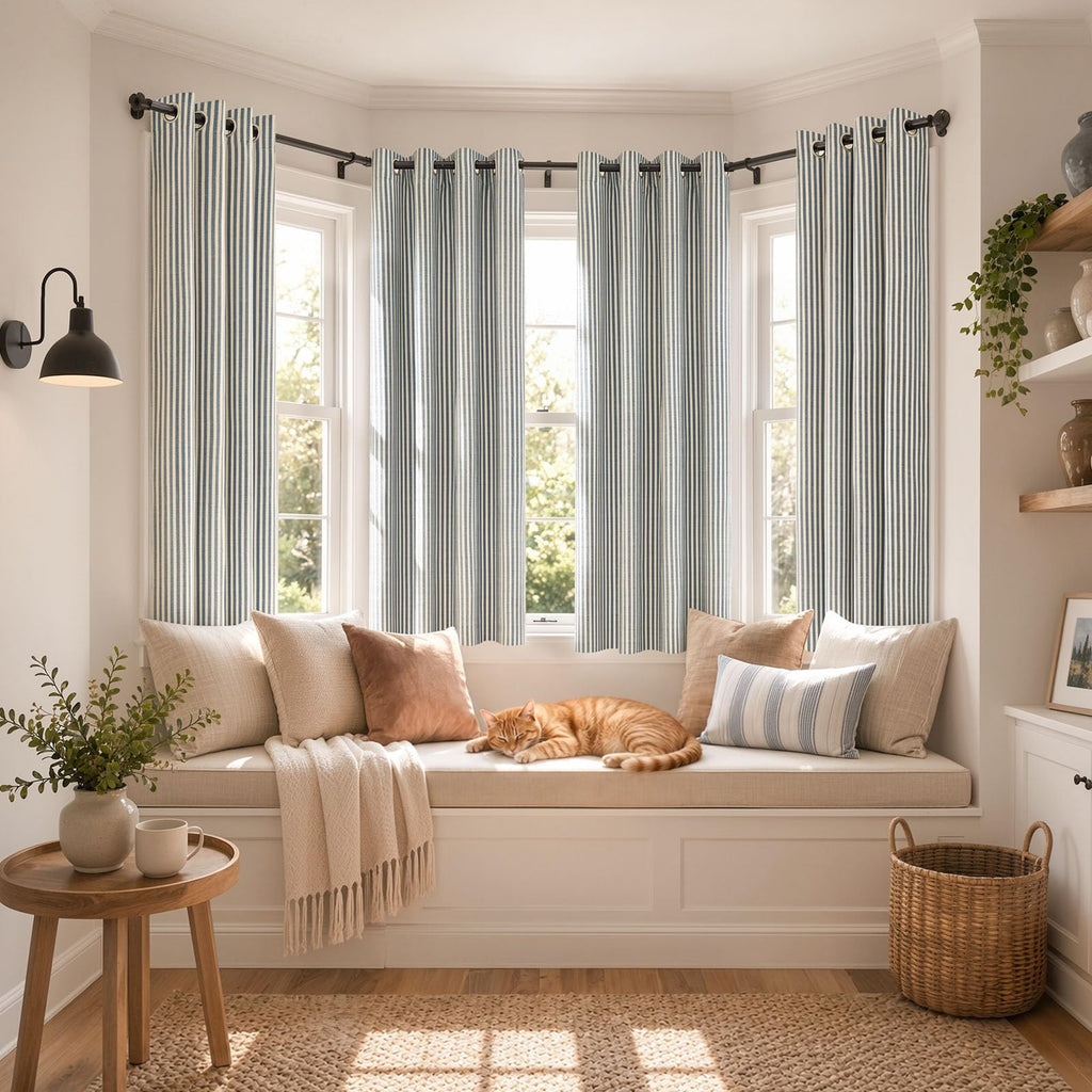 100% Blackout Blue Striped Curtains Bedroom