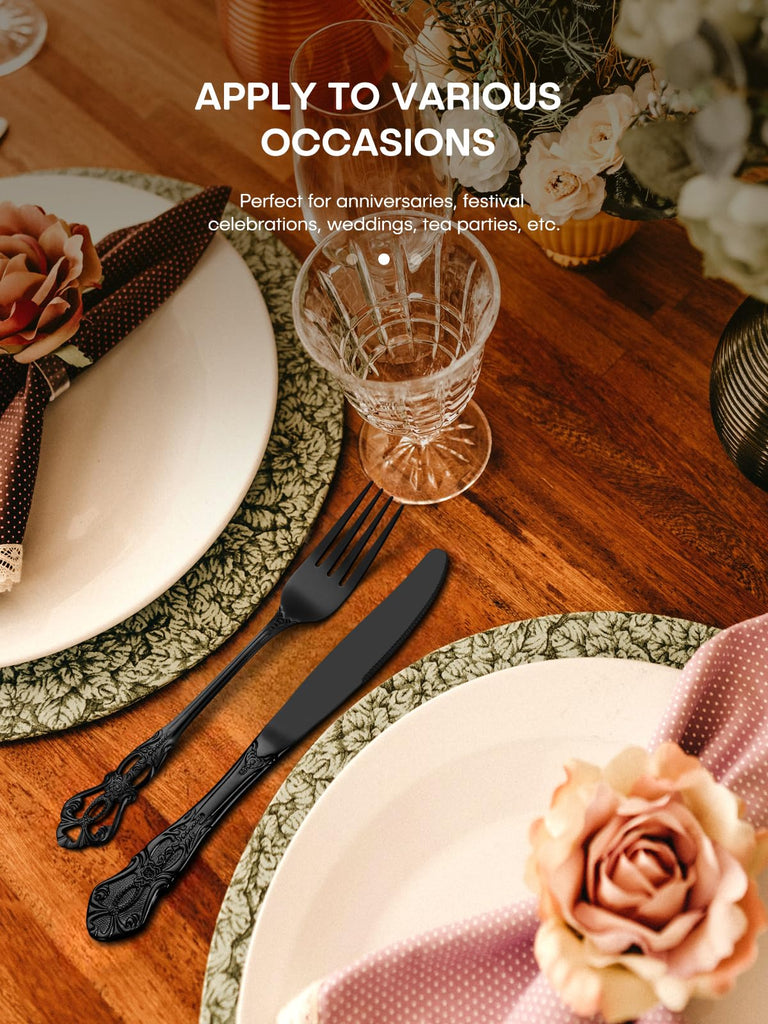 40 Pcs Black Silverware Set, Gorgeous Retro Royal Silverware Set for 8, Stainless Steel Mirror Flatware Cutlery Set