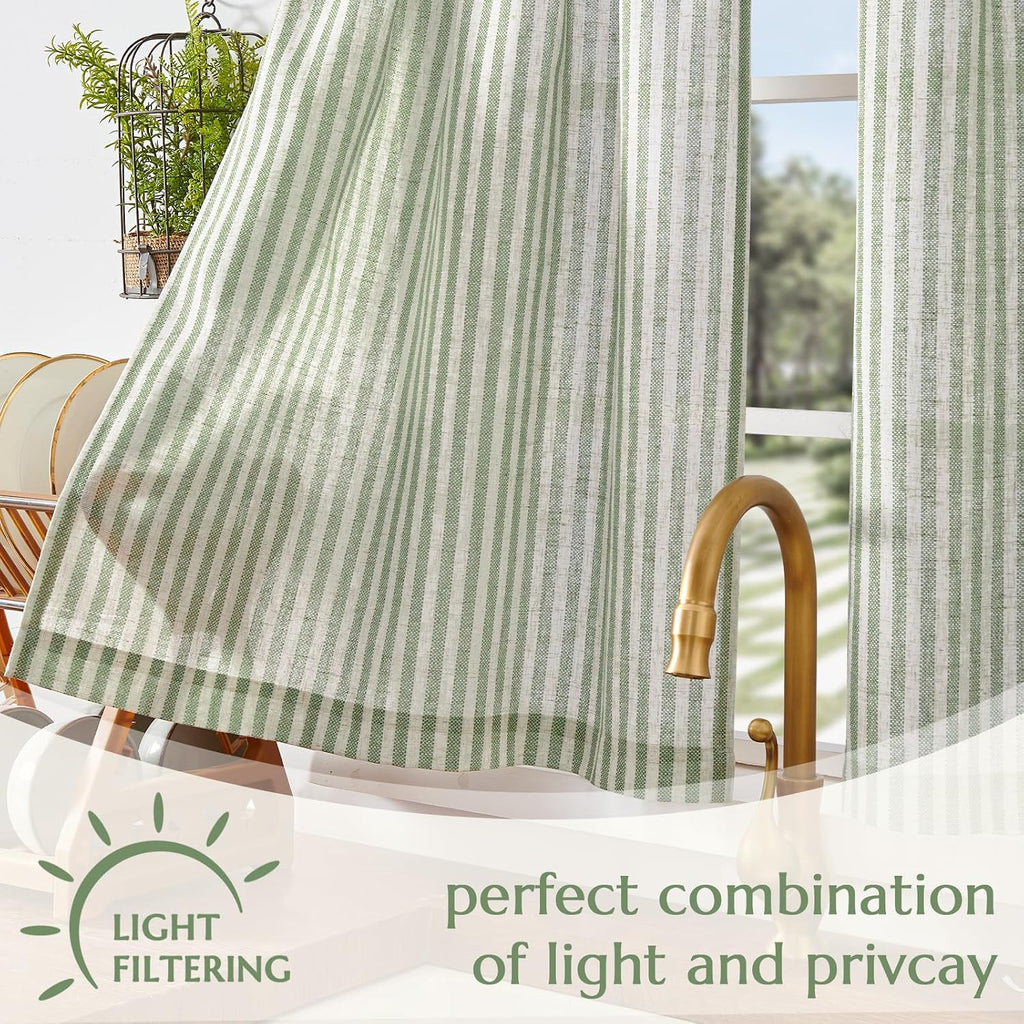 Striped Linen Kitchen Curtains 24 Inches Length Tier Curtains Farmhouse Modern Cafe Style Small Window Treatments