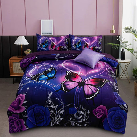 A Nice Night Galaxy 6pcs Bed in a Bag Purple and Blue Dreamy 3D Butterfly Printed