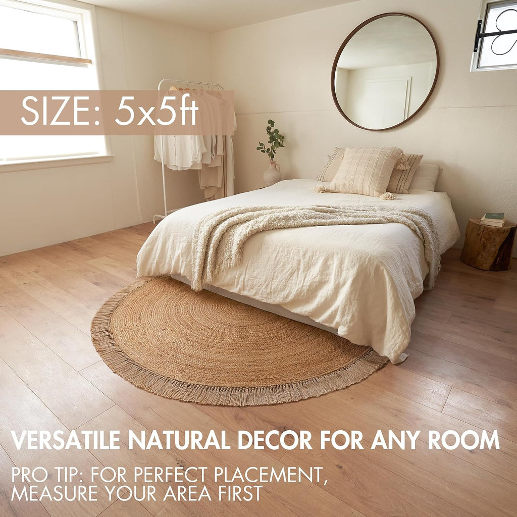 Beautiful 5x5 ft Round Jute Area Rug - Natural Hand Woven Braided Circle | Fits Perfectly Into Your Entry Area
