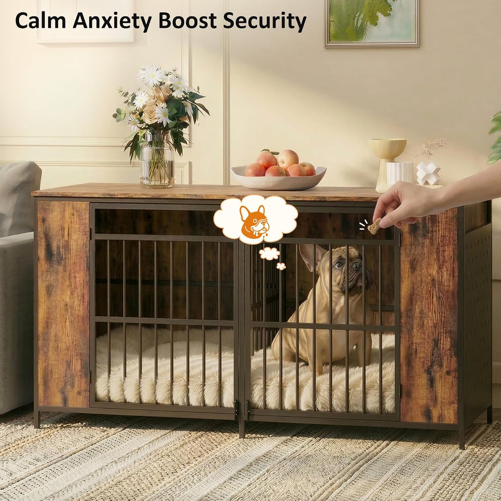 Dog Kennel Furniture for 2 Dogs - 63" Large Cage Extra Sturdy XXL Metal & Wooden Medium Double Dog Crate