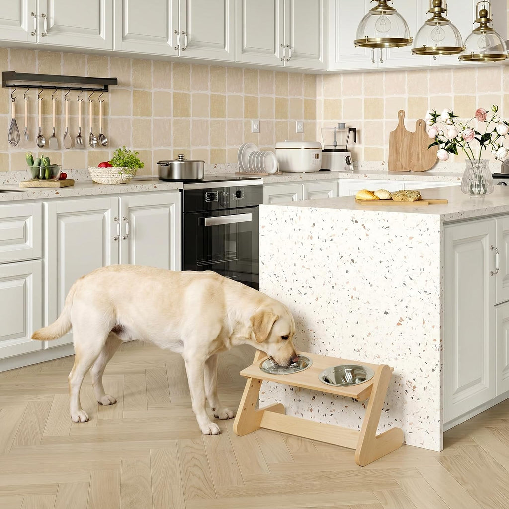 Solid Birch Wood Elevated Dog Bowl Stand for Large & Medium Dogs
