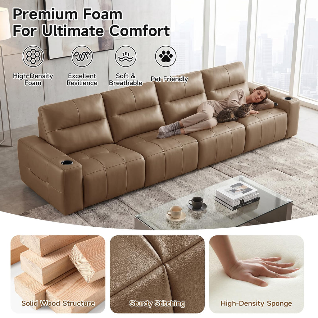 Zero Gravity Power Recliner Sofa 146", Genuine Leather Sofa with Electric Reclining Seats, Adjustable Backrests, USB