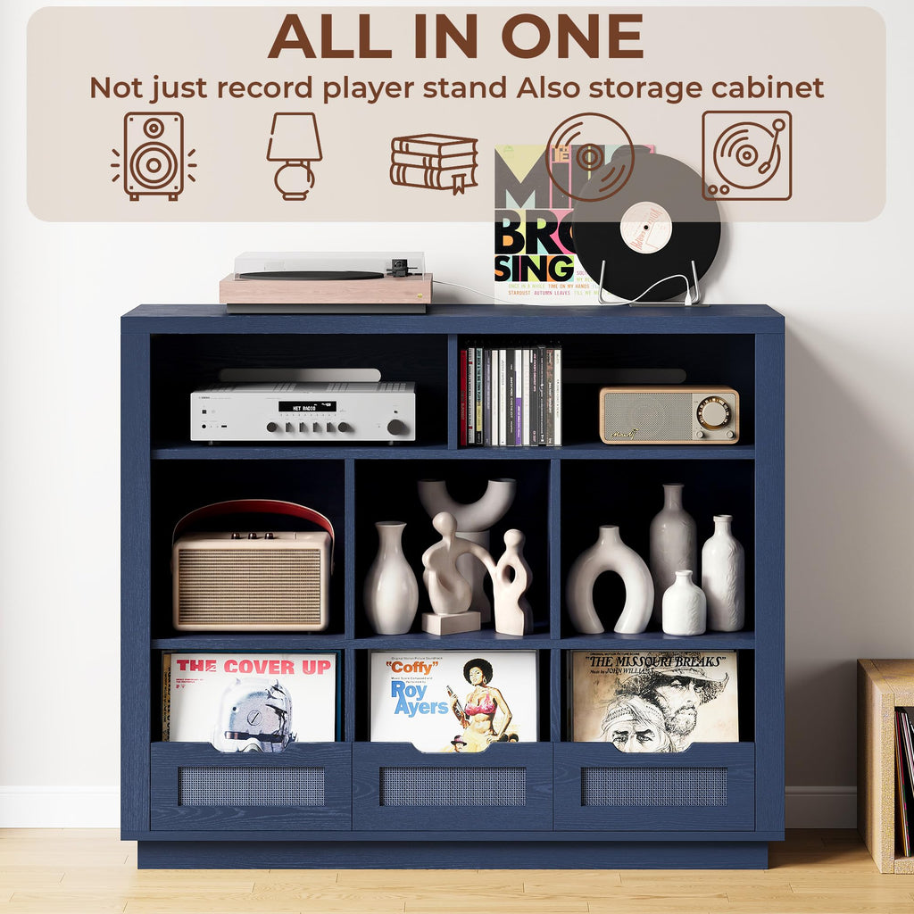 3-Tier Record Player Stand with Charging Station, Vinyl Storage