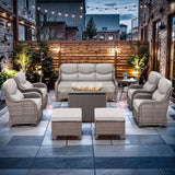 9-Piece Wicker Outdoor Patio Furniture Set - Fire Pit | Brown with Thick Cushions for Patio, Garden & Porch