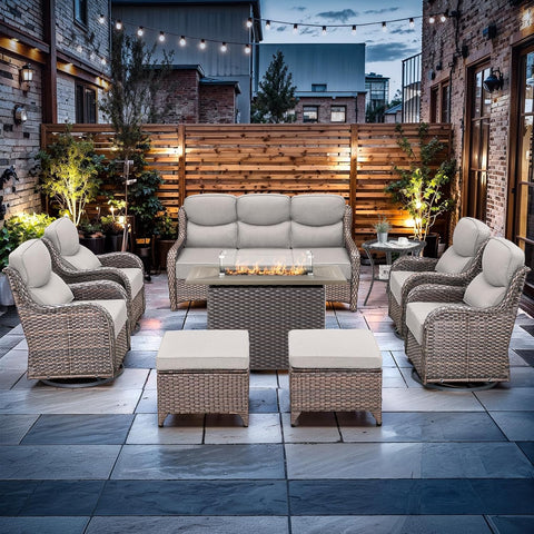 9-Piece Wicker Outdoor Patio Furniture Set - Fire Pit | Brown with Thick Cushions for Patio, Garden & Porch