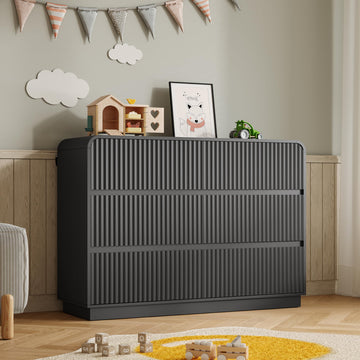 Dresser with 6 Drawers, Fluted Chest of Drawers with Round Curved Corner, Hidden Handles, Modern Wood Storage