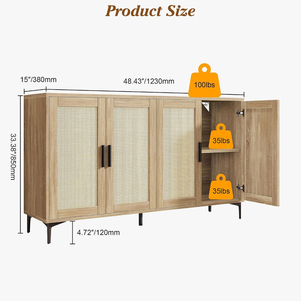 Buffet Cabinet with Storage, 48" Rattan Coffee Bar Cabinet Station | Accent Sideboard with Adjustable Shelves