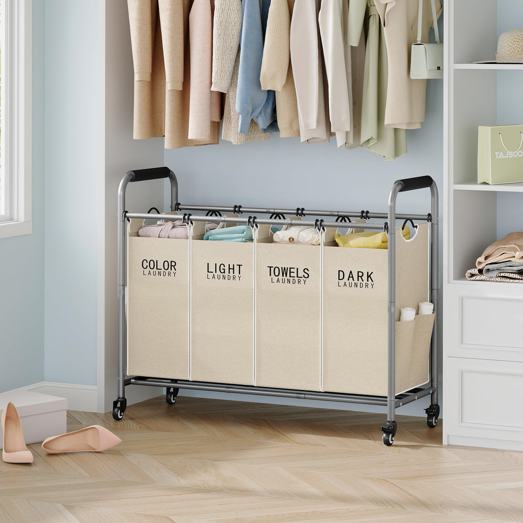 4 Bag Laundry Sorter Cart, Laundry Sorter 4 Sections, Beige