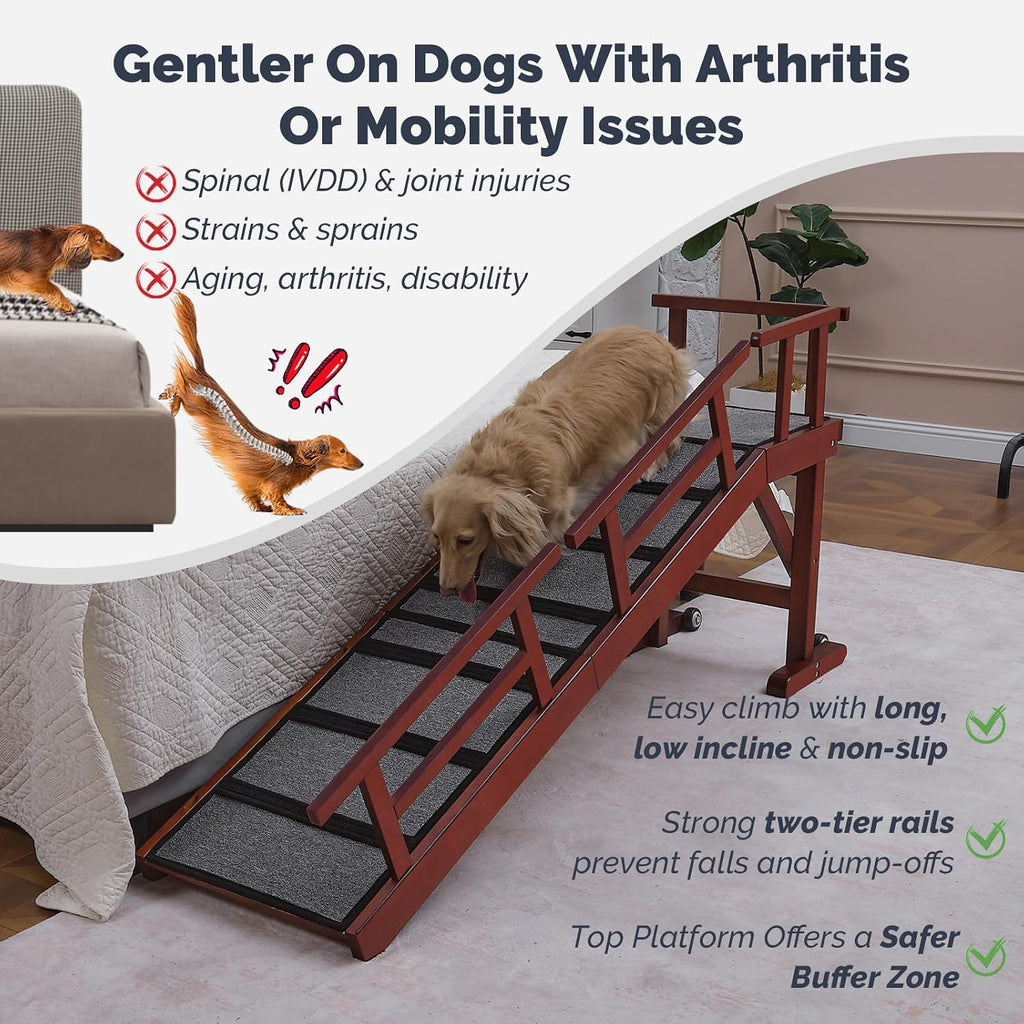 Dog Ramp for Bed or Couch, Wooden Pet Ramp with 20° Gentle Slope, Removable Side Rails, Non-Slip Surface, Top
