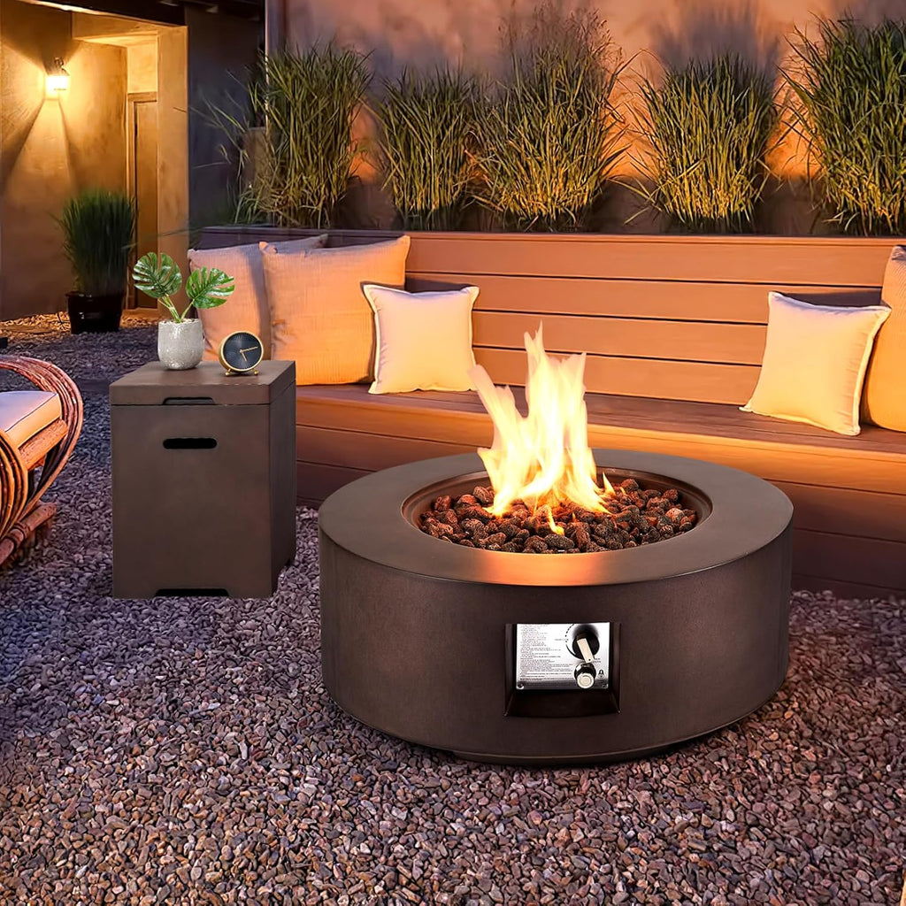 2-Piece Gas Fire Pit, Outdoor Propane Firepit Table Set w/Tank Cover, 30''Auto-Ignition Round Steel Fire Table