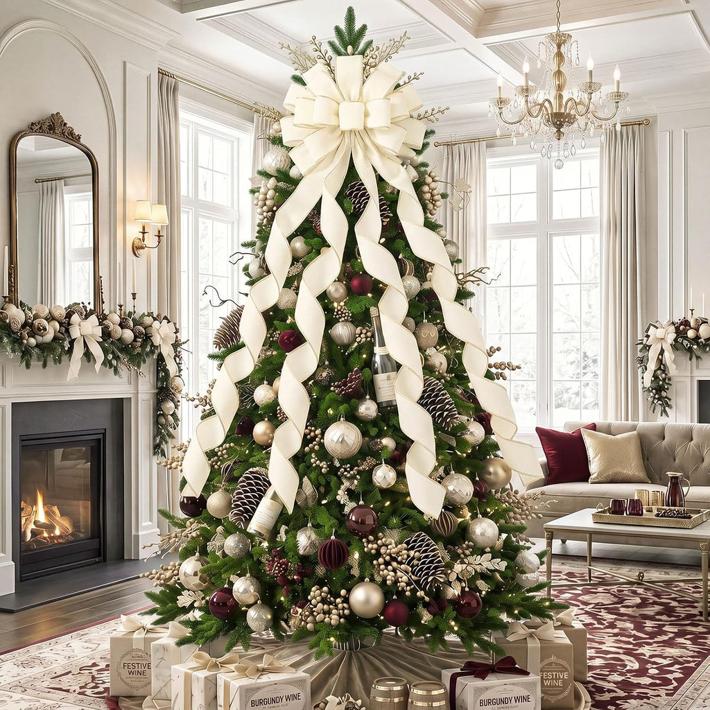 Christmas Tree Topper Bow 52 x 12 Inch Creamy White Large Velvet Bow