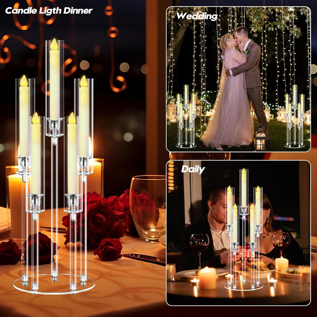 2 Sets 5 Arms Acrylic Candelabra Centerpieces for Tables, 27" Clear Candle Holder,Candlesticks Holder with LED Candles