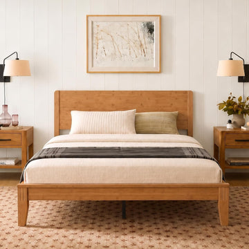 Japanese Joinery Bed Frame, Bamboo Platform Bed with Headboard