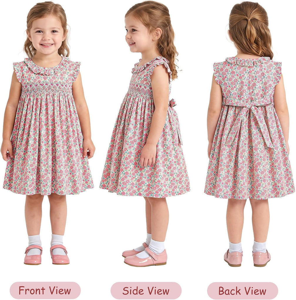 Baby Girl Smocked Dress Summer Casual Short Sleeve Dresses Floral Print Sundress Princess Dress for Toddlers