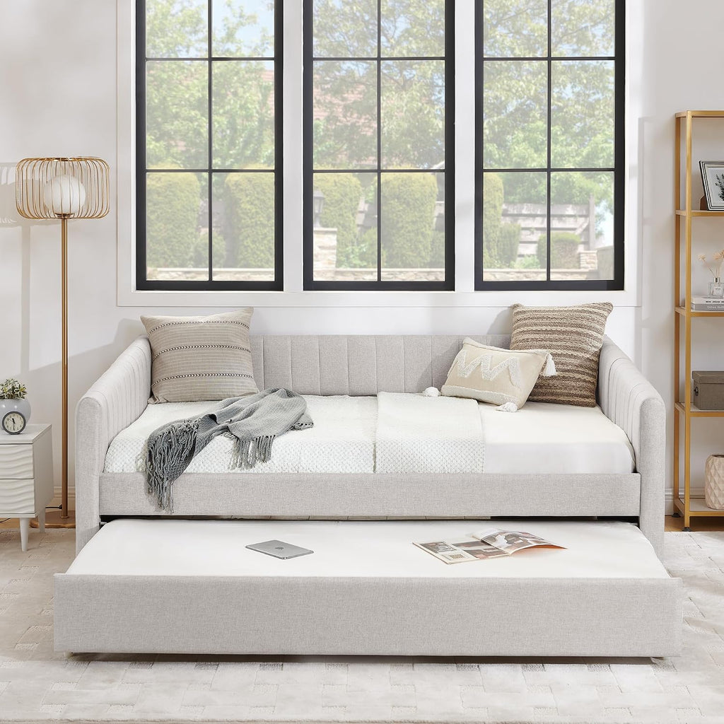 Daybed with Trundle, Modern Linen Full Size Day Bed with Pull Out Trundle Bed, Upholstered Sofa Bed with Stripes