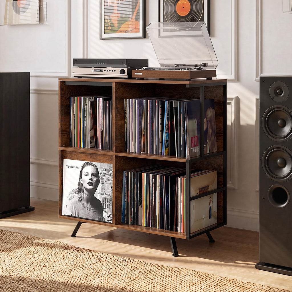Flip Top Record Player Stand with Vinyl Storage Up to 300+ Albums