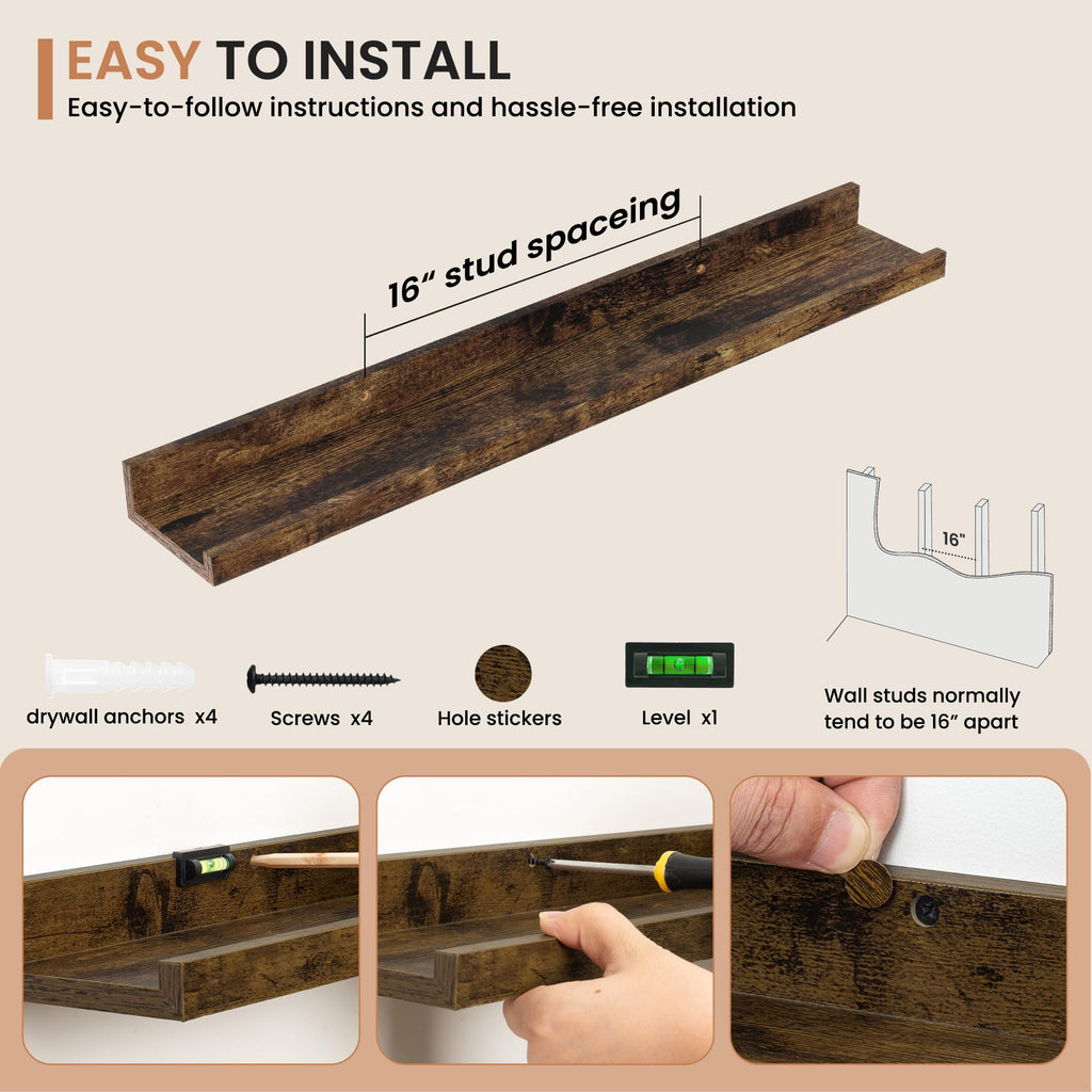 Picture Ledge Shelf for Wall, Floating Shelves Set of 2, 30 inch Long Floating Shelves with Lip, Rustic Brown