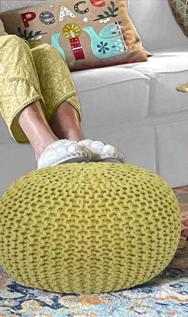 Round Green Pouf -Hand Knitted Cotton Braid Cord Dori Ottoman