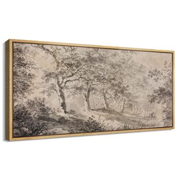Extra Large Framed Canvas Print Wall Art Woodland Sketch Vintage Monochrome Landscape Illustrations Modern Art Calm