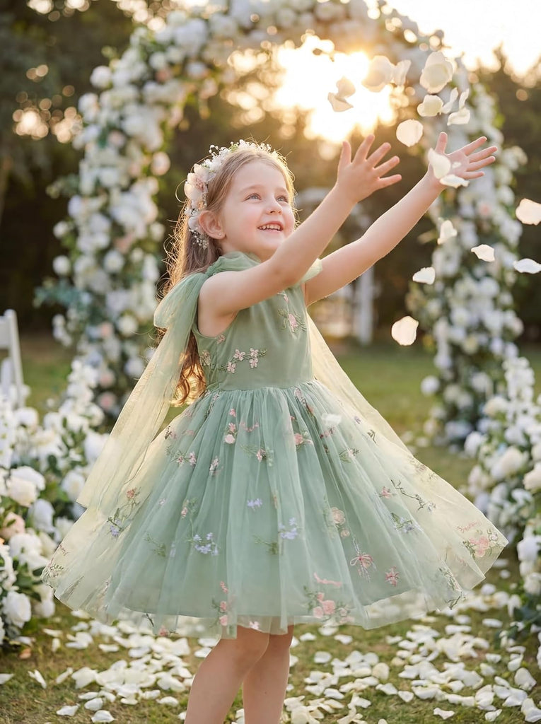 Flower Girl Dress Floral Embroidered Toddler Girls Dresses Fairy Tulle Dress for Wedding Birthday Party Photo Shoot