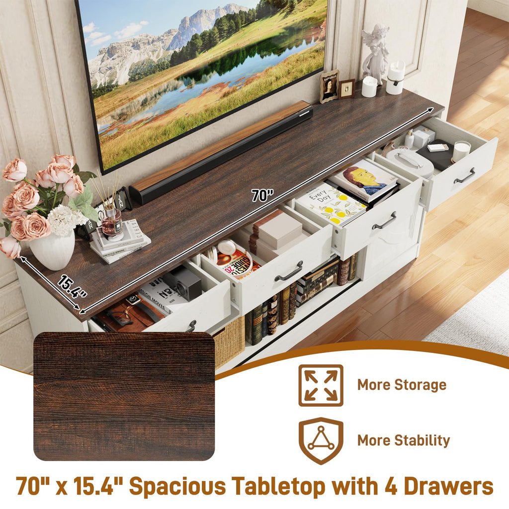 70" Large Farmhouse Tall TV Stand for 85/80/75/70 Inch TVs, 4 Drawers, White